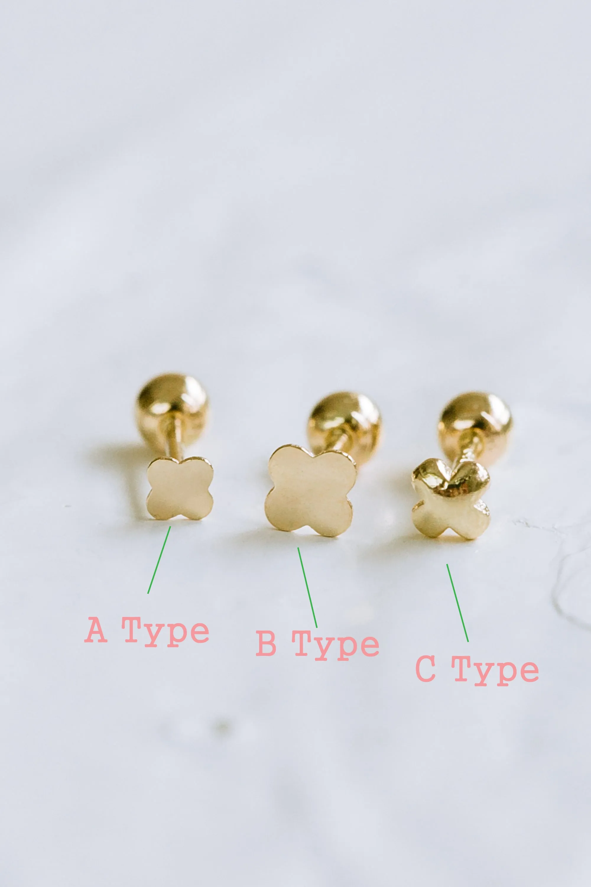 14K Solid Gold Lucky Cute Flower Clover Helix Cartilage Tragus Inner Conch Post Stud Earring Barbell Piercing For Women Minimalist Jewelry