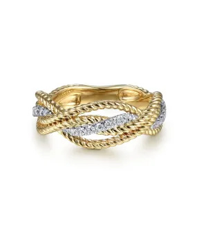 14K White-Yellow Gold Twisted Rope and Diamond Intersecting Ring