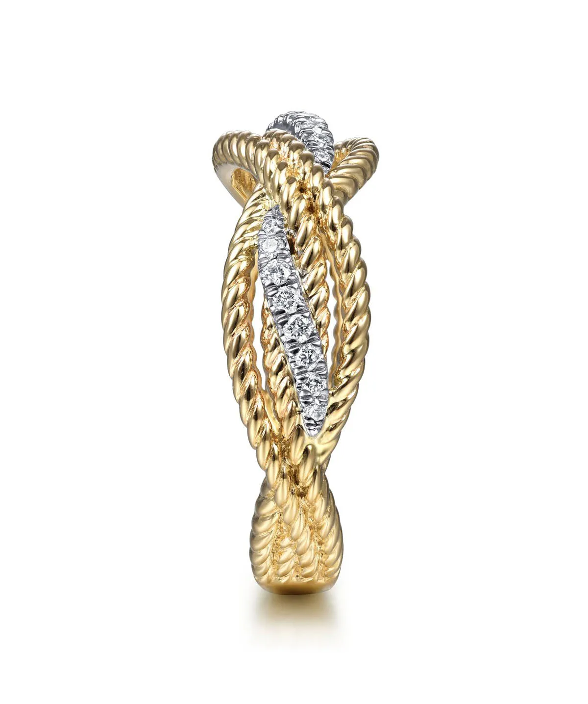 14K White-Yellow Gold Twisted Rope and Diamond Intersecting Ring