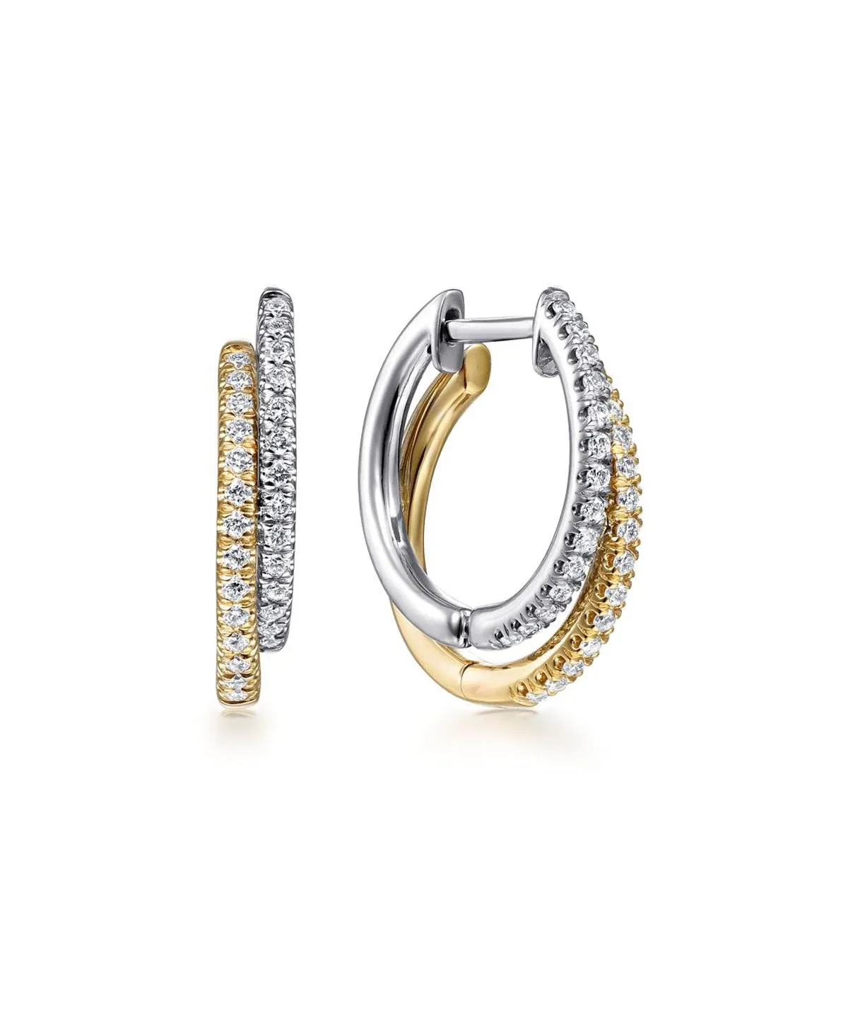 14K Yellow-White Gold Layered 15mm Diamond Huggie Earrings