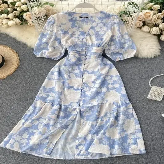 2022 Summer Spring Floral Printed V-neck Single Breasted Puff Sleeve Women Female A-line High Waist Midi Dress