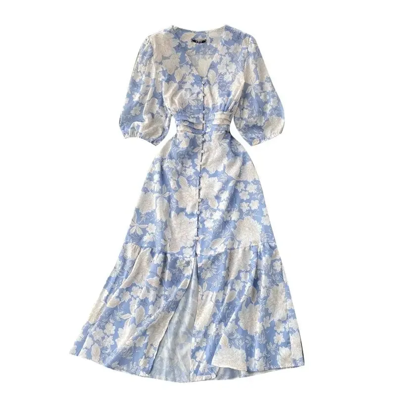 2022 Summer Spring Floral Printed V-neck Single Breasted Puff Sleeve Women Female A-line High Waist Midi Dress