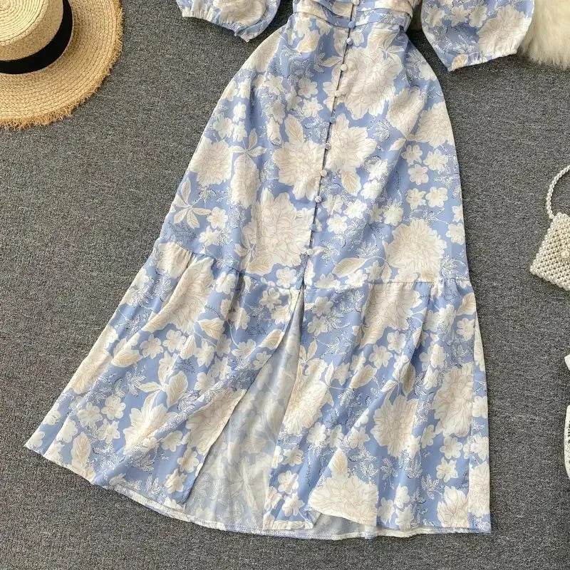 2022 Summer Spring Floral Printed V-neck Single Breasted Puff Sleeve Women Female A-line High Waist Midi Dress