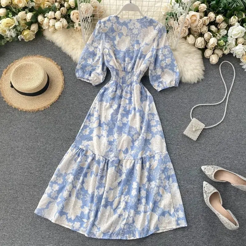 2022 Summer Spring Floral Printed V-neck Single Breasted Puff Sleeve Women Female A-line High Waist Midi Dress