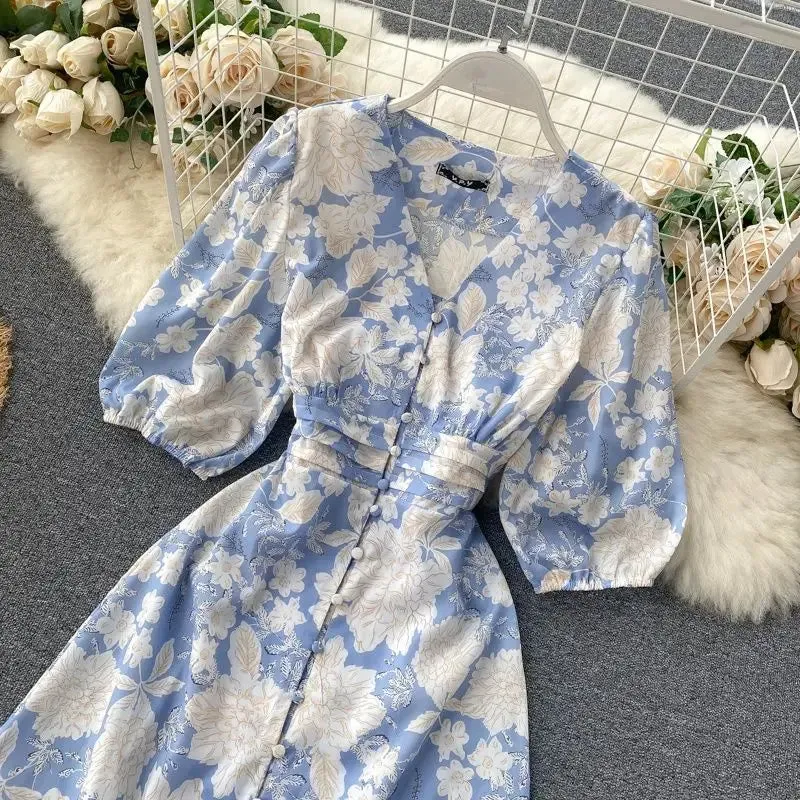 2022 Summer Spring Floral Printed V-neck Single Breasted Puff Sleeve Women Female A-line High Waist Midi Dress