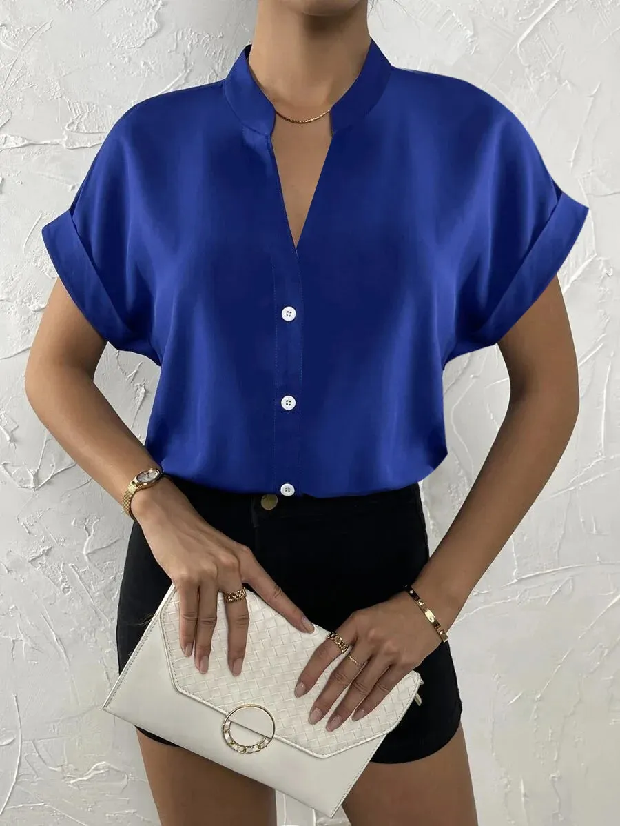 2024 Summer V-neck Women's Shirt Casual Office Lady Solid Color Short Sleeve Single Breasted Elegant Women Blouse Femme Blusas