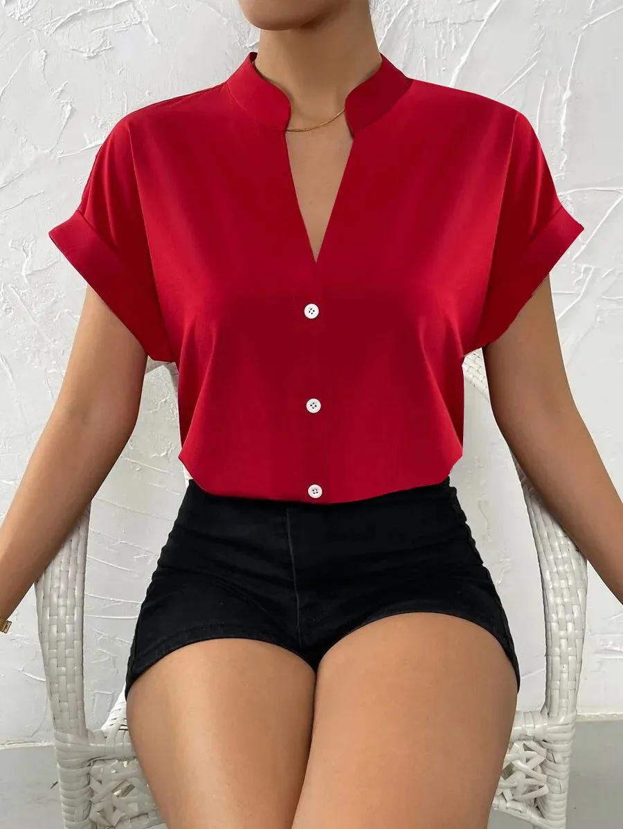 2024 Summer V-neck Women's Shirt Casual Office Lady Solid Color Short Sleeve Single Breasted Elegant Women Blouse Femme Blusas