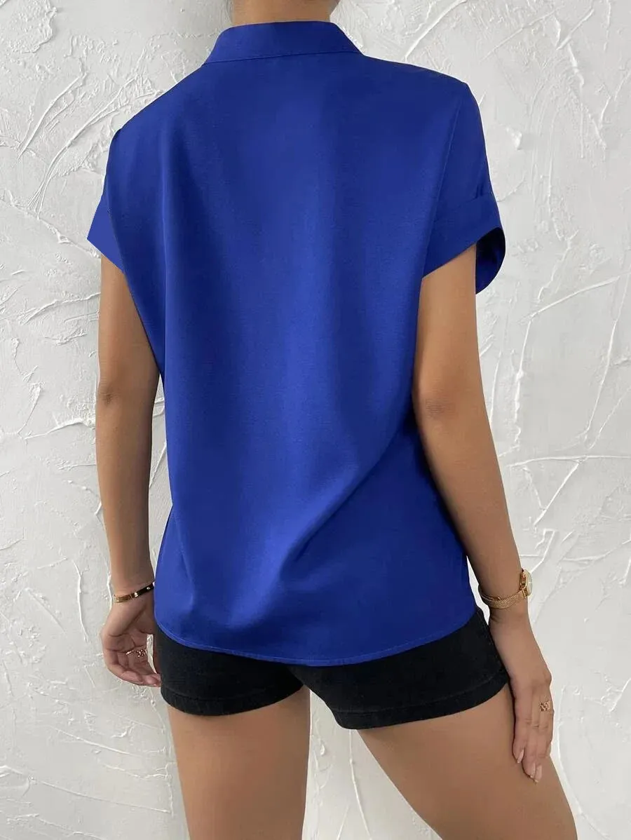 2024 Summer V-neck Women's Shirt Casual Office Lady Solid Color Short Sleeve Single Breasted Elegant Women Blouse Femme Blusas