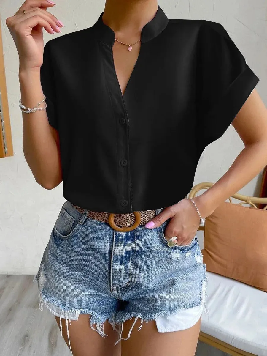 2024 Summer V-neck Women's Shirt Casual Office Lady Solid Color Short Sleeve Single Breasted Elegant Women Blouse Femme Blusas