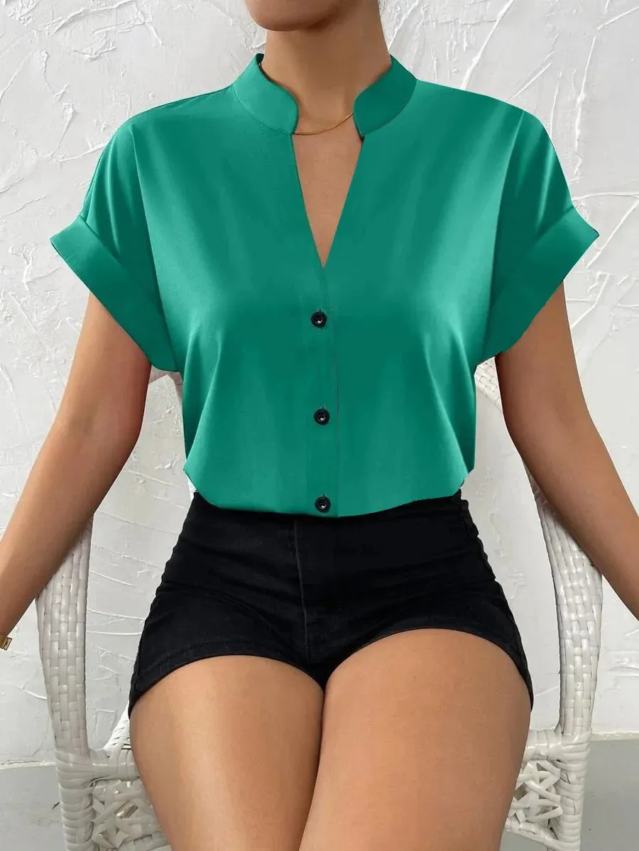 2024 Summer V-neck Women's Shirt Casual Office Lady Solid Color Short Sleeve Single Breasted Elegant Women Blouse Femme Blusas