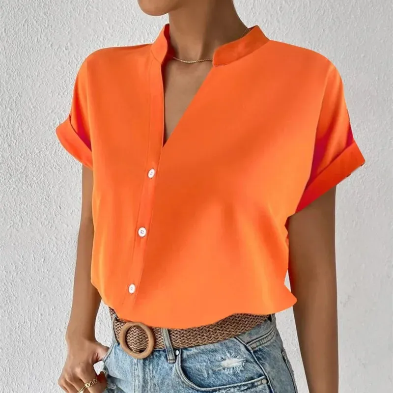 2024 Summer V-neck Women's Shirt Casual Office Lady Solid Color Short Sleeve Single Breasted Elegant Women Blouse Femme Blusas