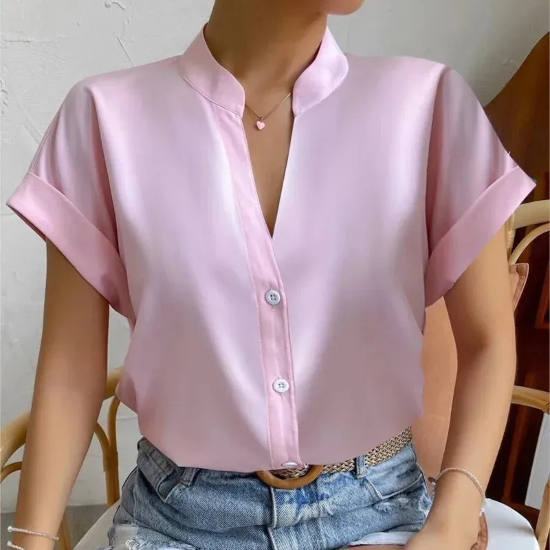 2024 Summer V-neck Women's Shirt Casual Office Lady Solid Color Short Sleeve Single Breasted Elegant Women Blouse Femme Blusas