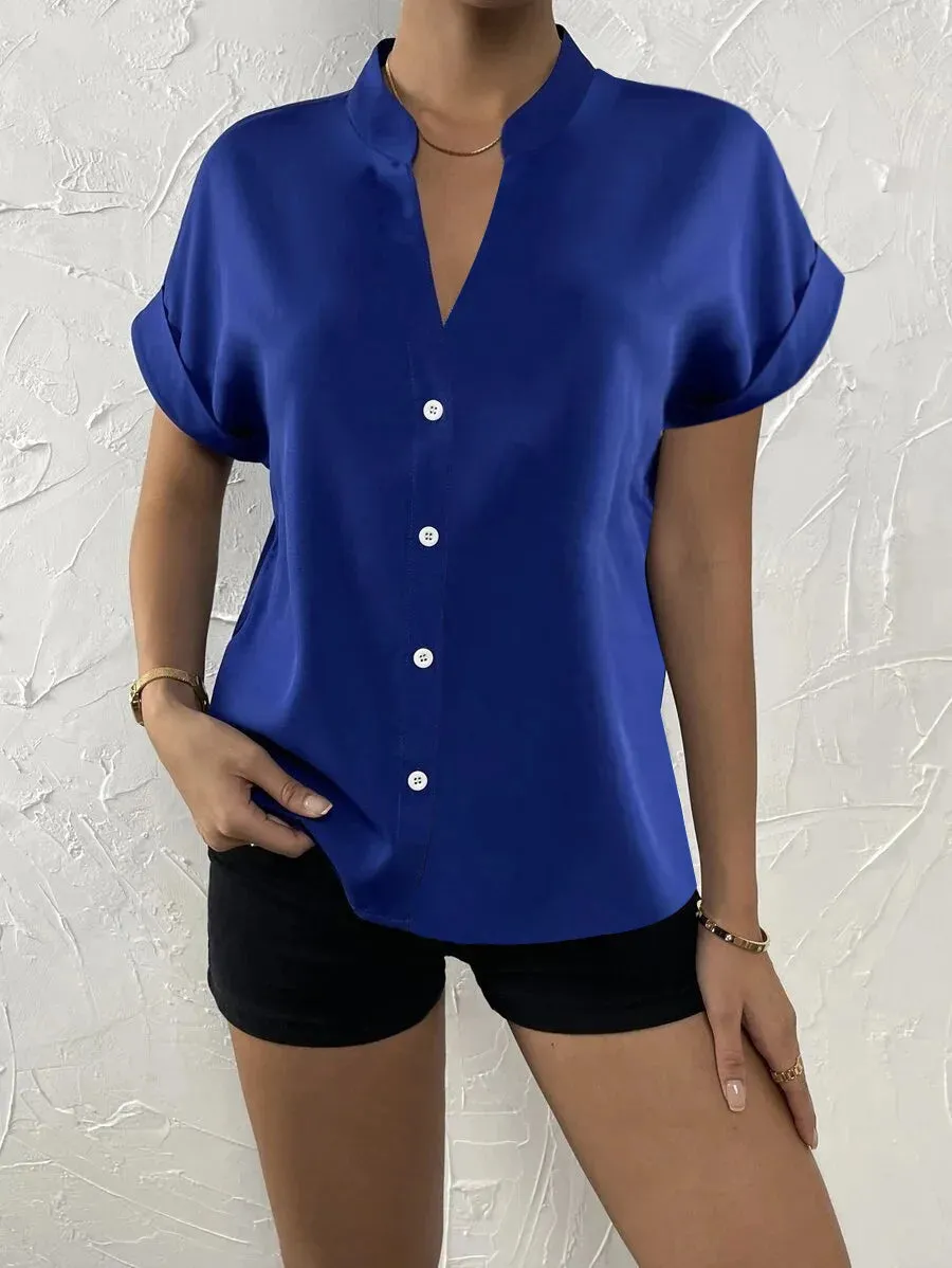 2024 Summer V-neck Women's Shirt Casual Office Lady Solid Color Short Sleeve Single Breasted Elegant Women Blouse Femme Blusas