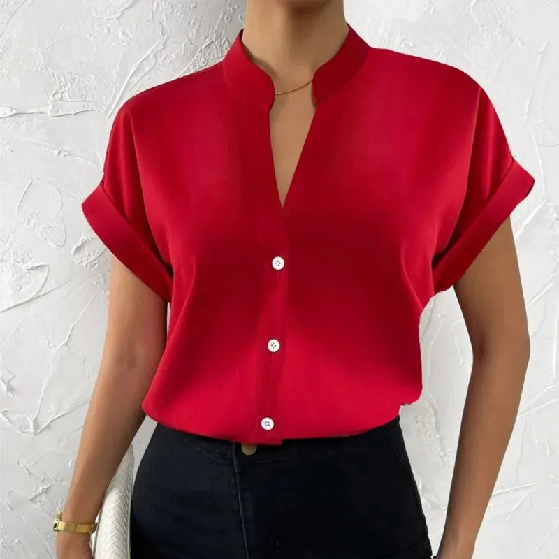 2024 Summer V-neck Women's Shirt Casual Office Lady Solid Color Short Sleeve Single Breasted Elegant Women Blouse Femme Blusas