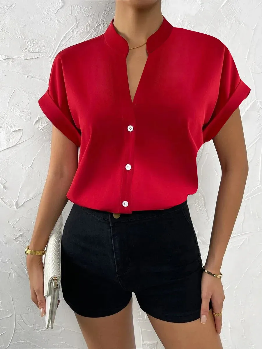 2024 Summer V-neck Women's Shirt Casual Office Lady Solid Color Short Sleeve Single Breasted Elegant Women Blouse Femme Blusas