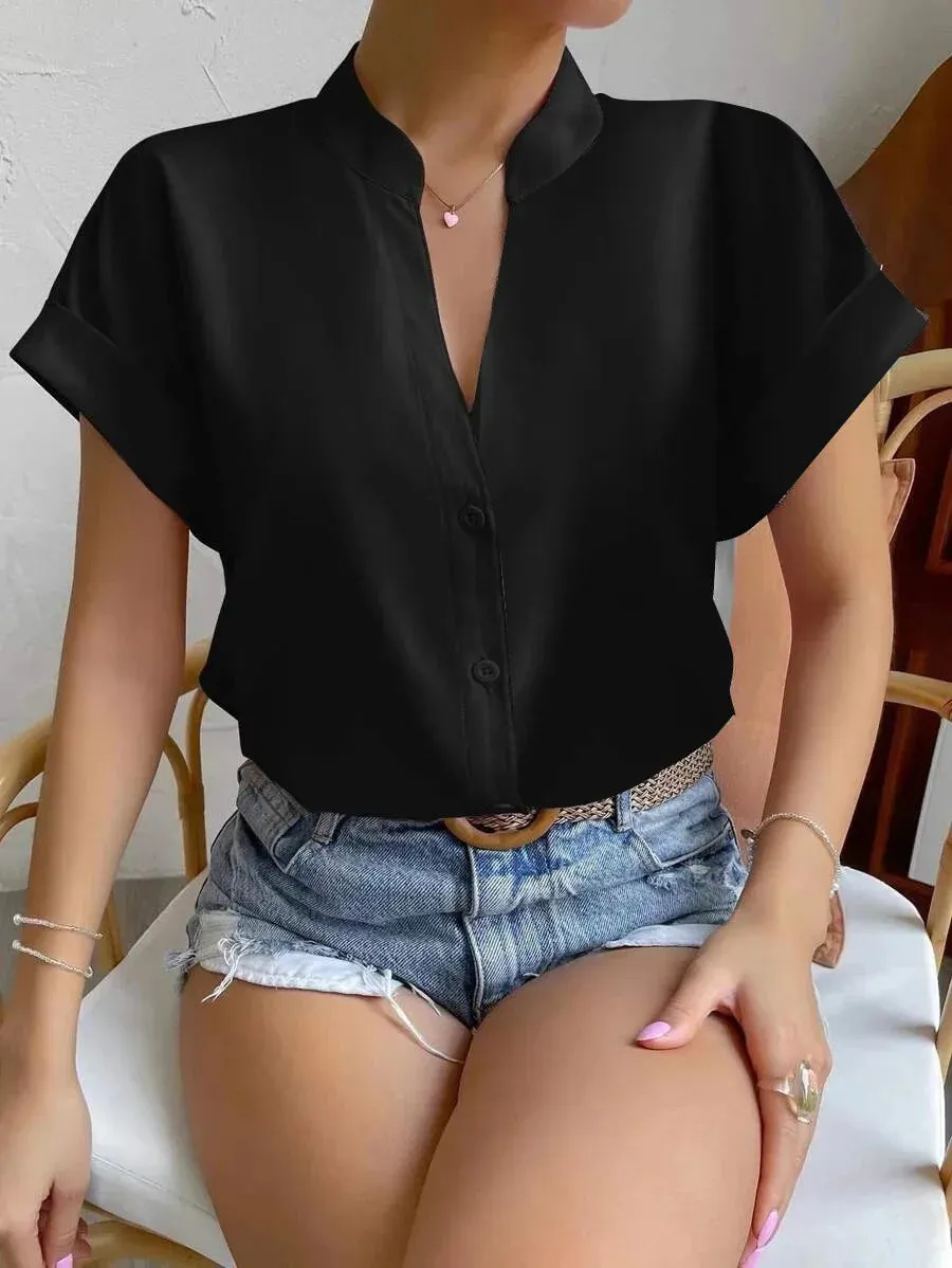 2024 Summer V-neck Women's Shirt Casual Office Lady Solid Color Short Sleeve Single Breasted Elegant Women Blouse Femme Blusas