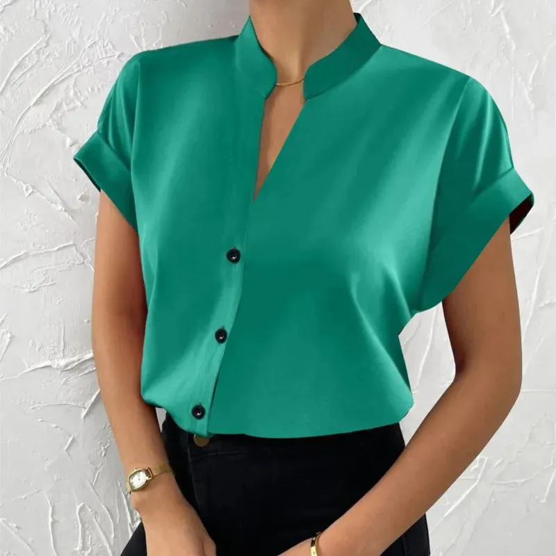 2024 Summer V-neck Women's Shirt Casual Office Lady Solid Color Short Sleeve Single Breasted Elegant Women Blouse Femme Blusas