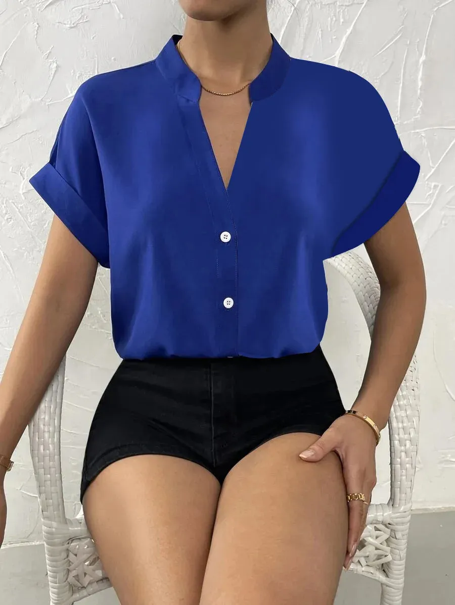 2024 Summer V-neck Women's Shirt Casual Office Lady Solid Color Short Sleeve Single Breasted Elegant Women Blouse Femme Blusas