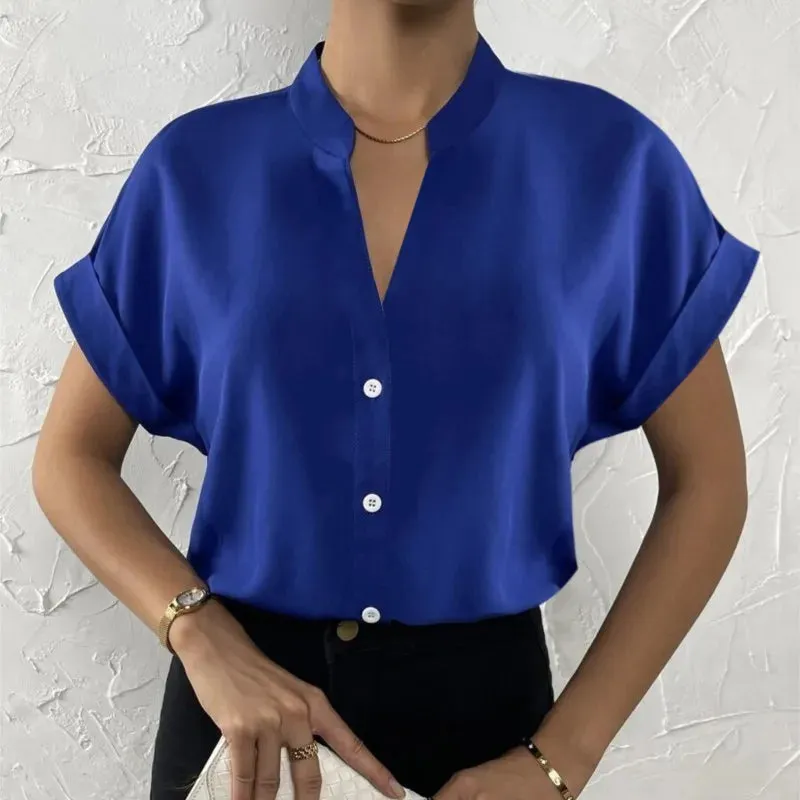 2024 Summer V-neck Women's Shirt Casual Office Lady Solid Color Short Sleeve Single Breasted Elegant Women Blouse Femme Blusas