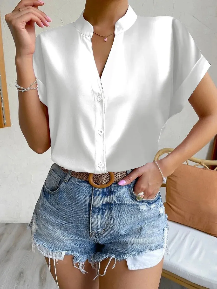 2024 Summer V-neck Women's Shirt Casual Office Lady Solid Color Short Sleeve Single Breasted Elegant Women Blouse Femme Blusas