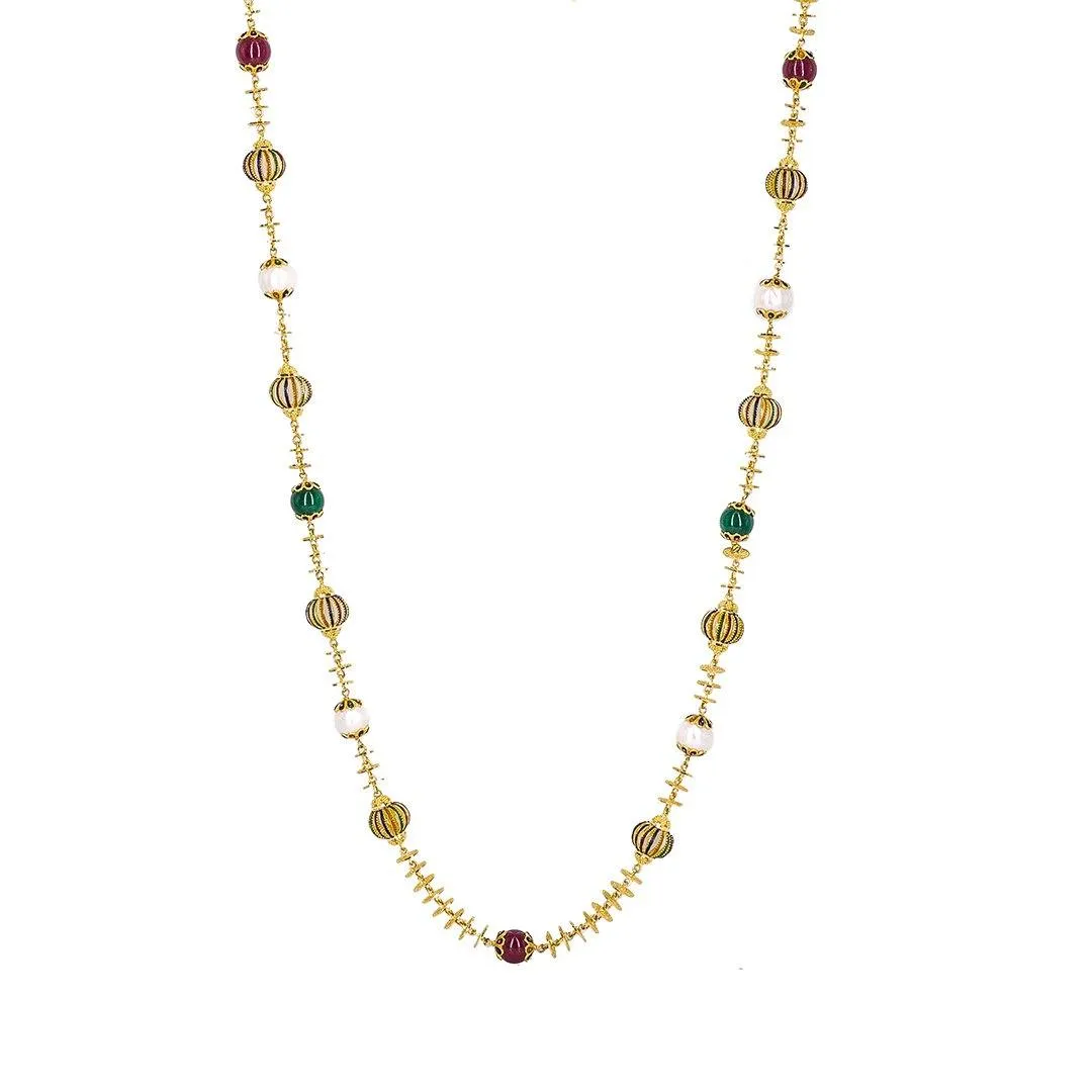 22K Yellow Gold Enamel Chain W/ Pearls, Rubies, Emeralds & Textured Gold Balls