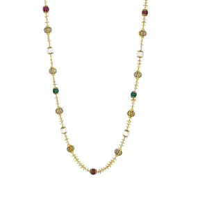 22K Yellow Gold Enamel Chain W/ Pearls, Rubies, Emeralds & Textured Gold Balls