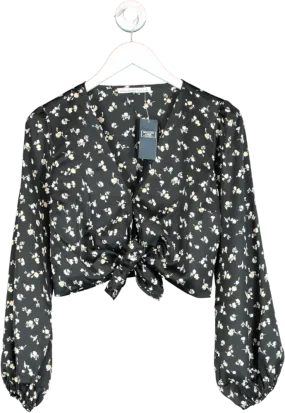 Abercrombie & Fitch Black Floral Satin Tie Front Top UK S