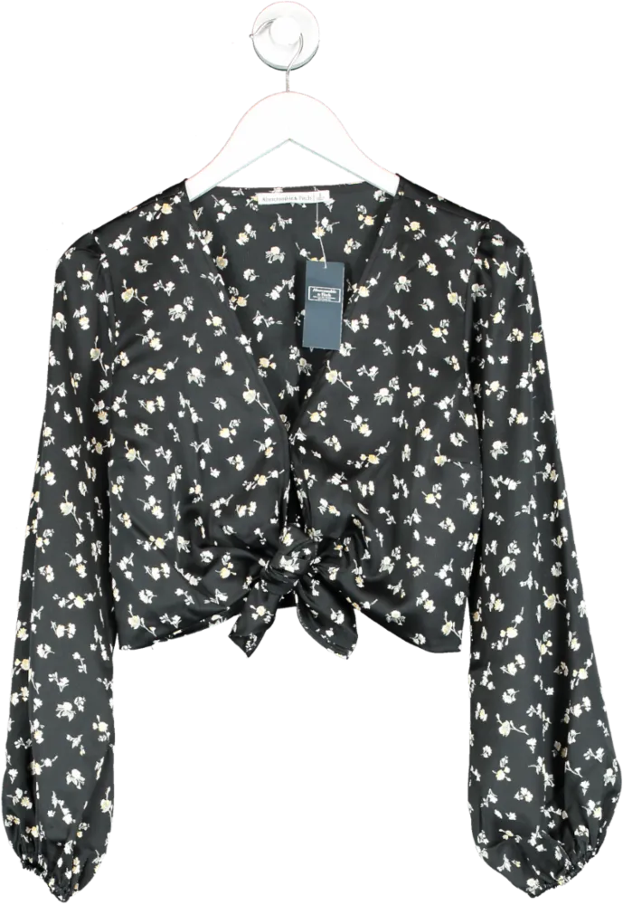 Abercrombie & Fitch Black Floral Satin Tie Front Top UK S