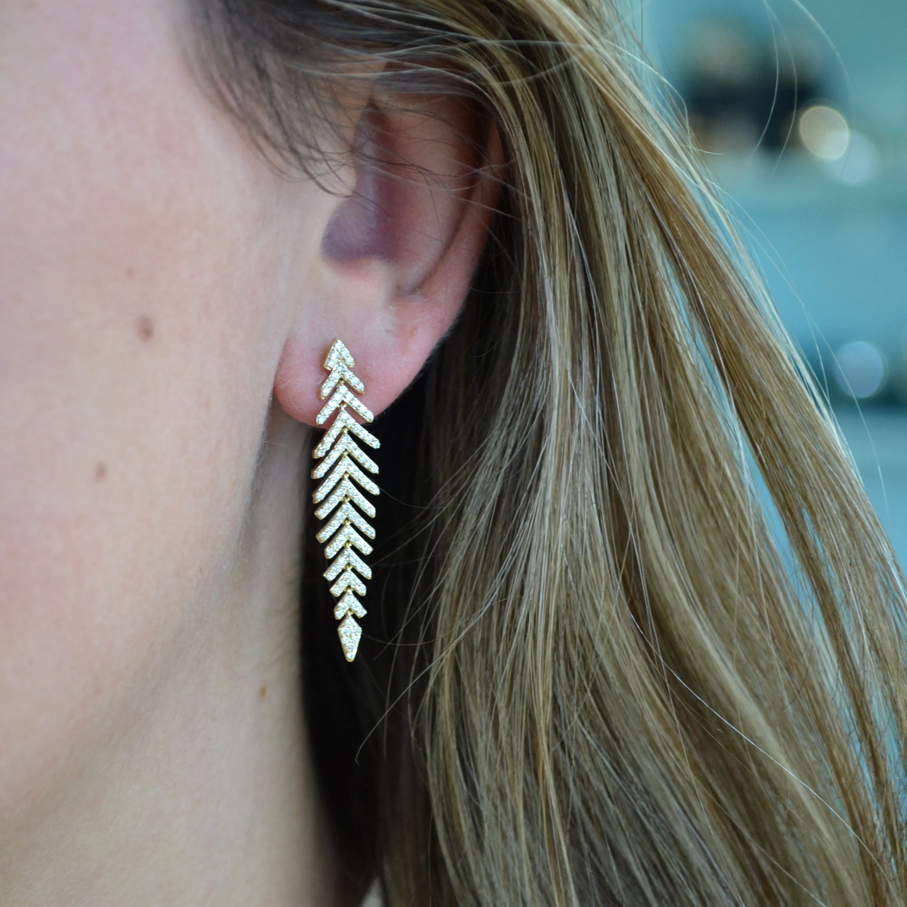 AFJ Diamond Collection - Feather Drop Earrings with Diamonds, Yellow Gold