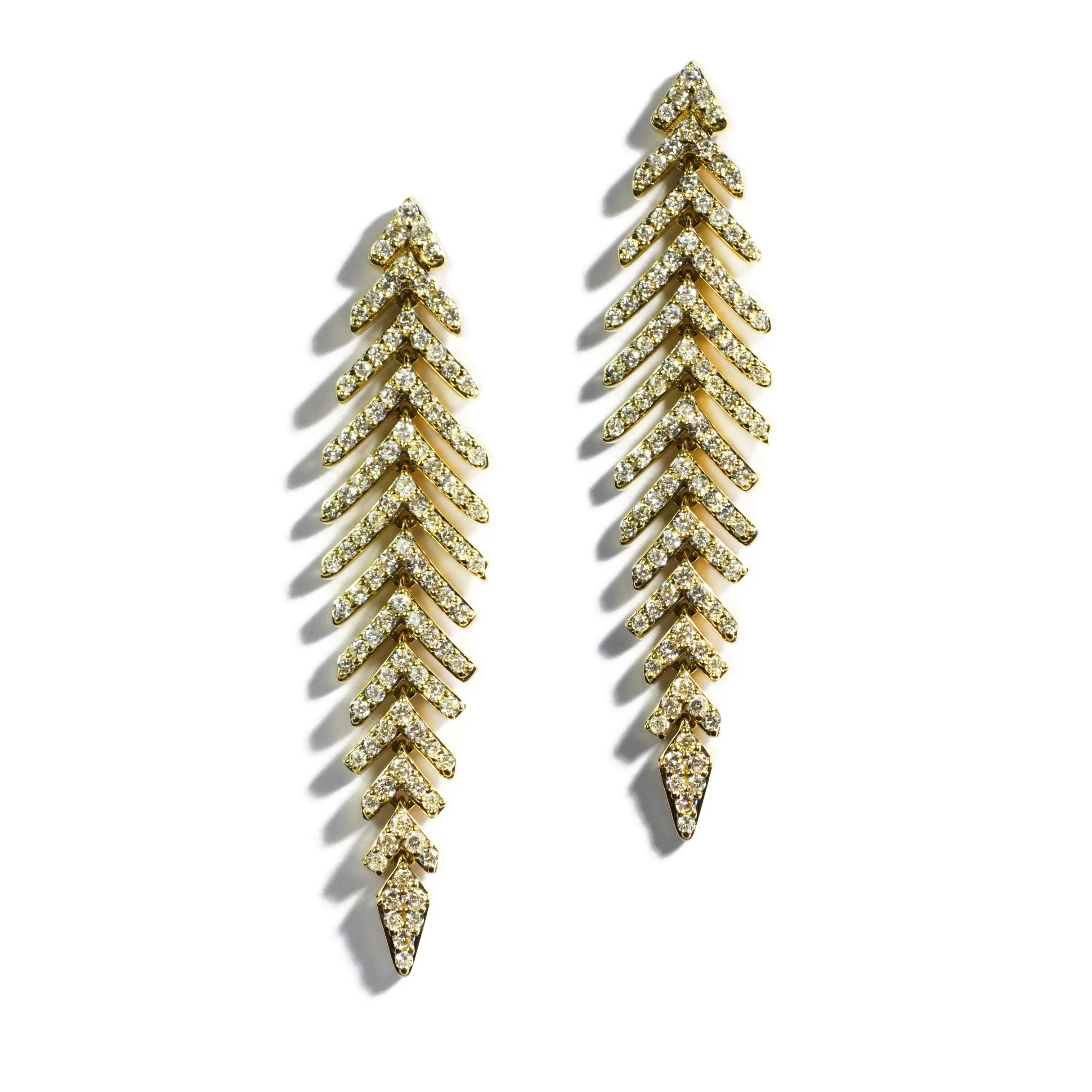 AFJ Diamond Collection - Feather Drop Earrings with Diamonds, Yellow Gold