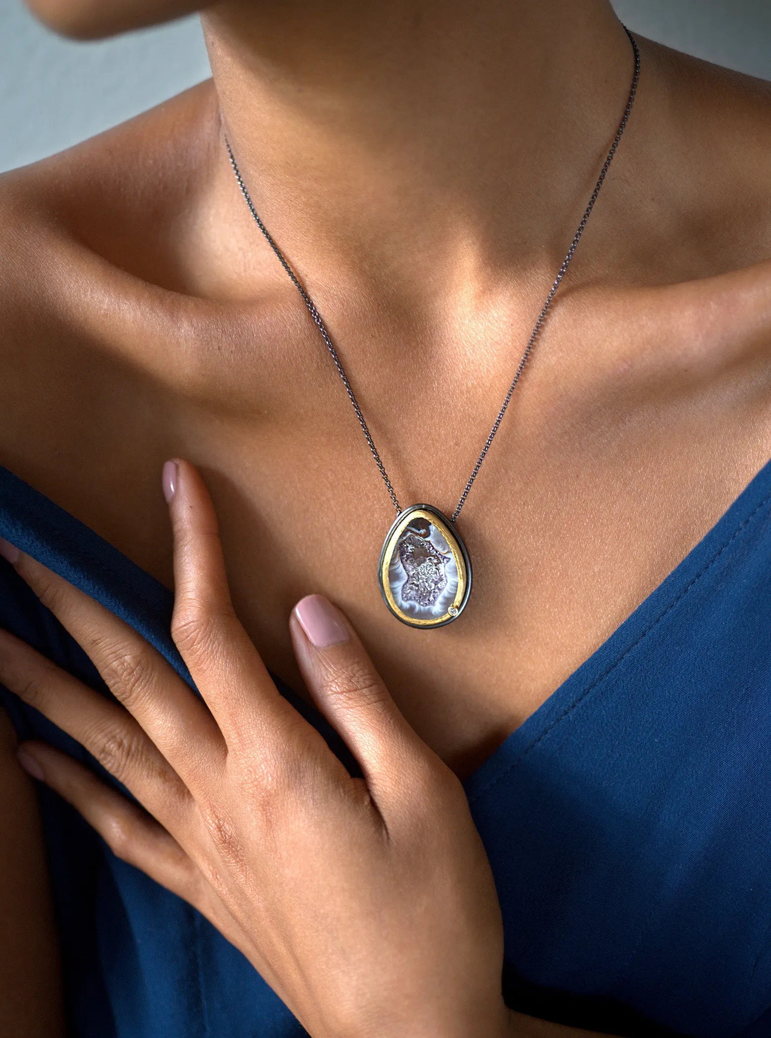 Agate Geode Necklace With Floating Herkimer Diamond