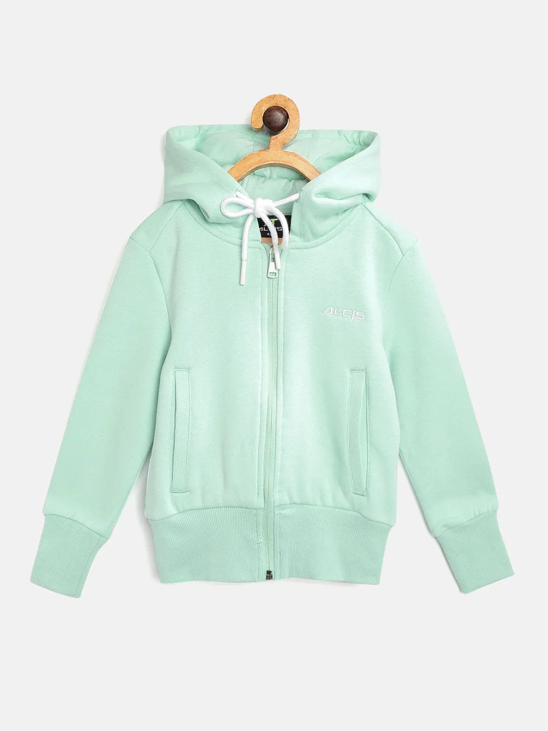 Alcis Girls Green Solid Hooded Sweatshirt