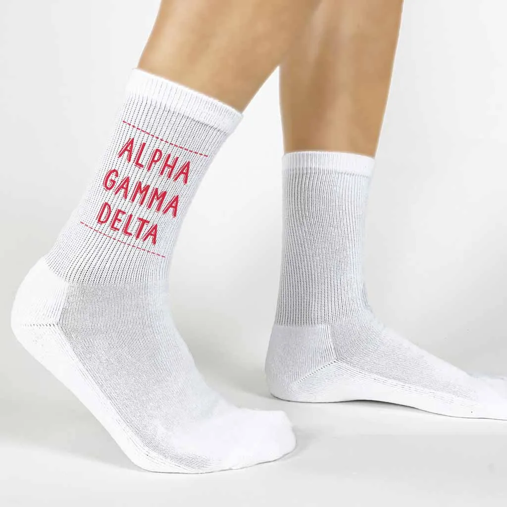 Alpha Gamma Delta Crew Socks with Alpha Gamma Delta Name in Sorority Colors