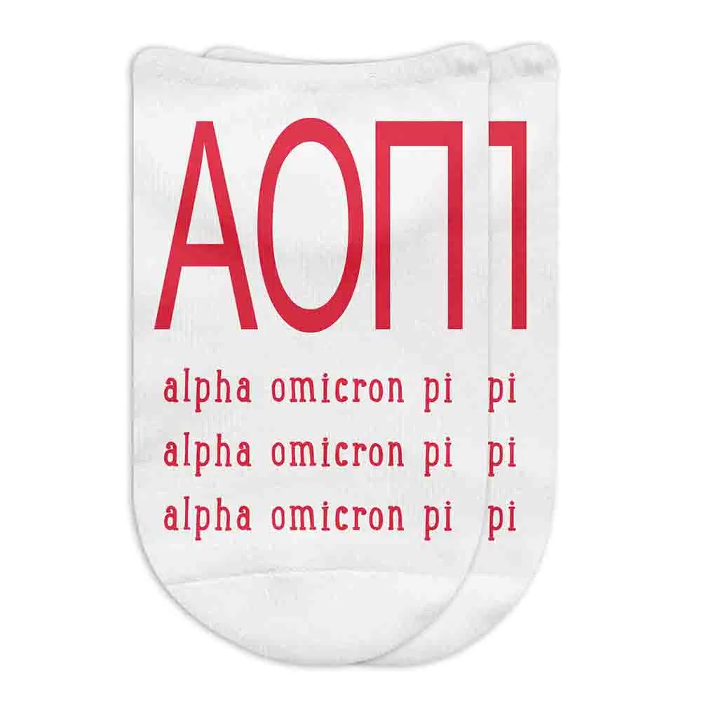 Alpha Omicron Pi  Sorority Socks with Large Greek Letters Printed on No Show Socks