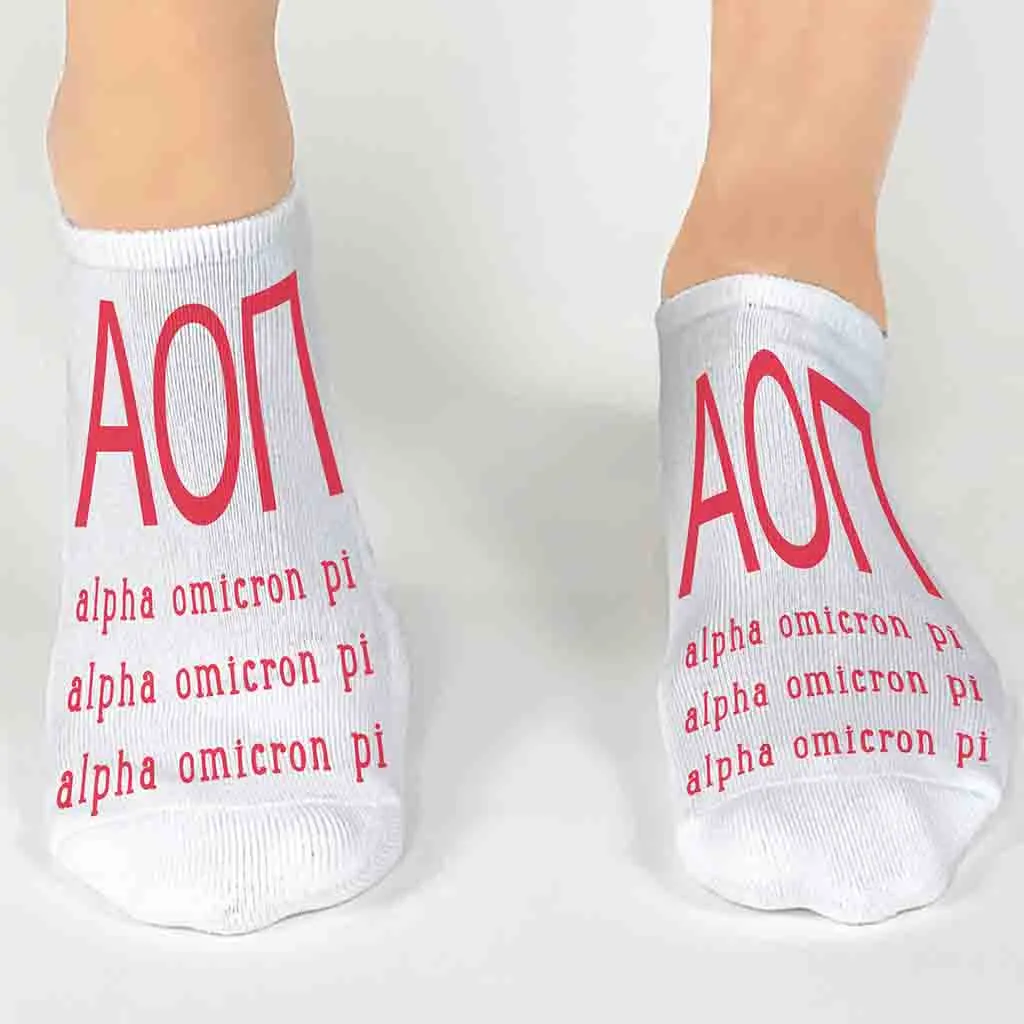 Alpha Omicron Pi  Sorority Socks with Large Greek Letters Printed on No Show Socks