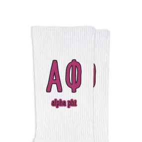 Alpha Phi Sorority Crew Socks with Name and Letters in Sorority Colors