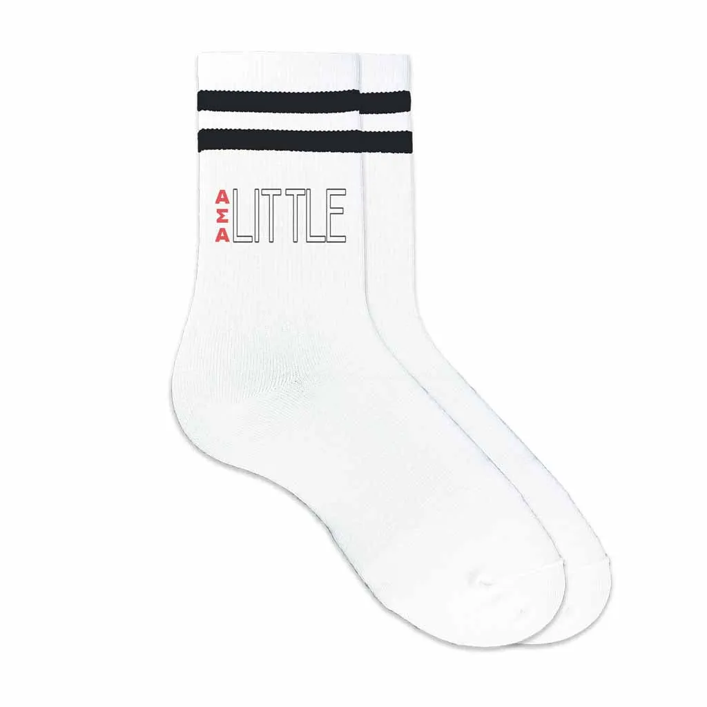 Alpha Sigma Alpha Sorority Socks for your Big and Little with Greek Letters on Striped Cotton Crew Socks