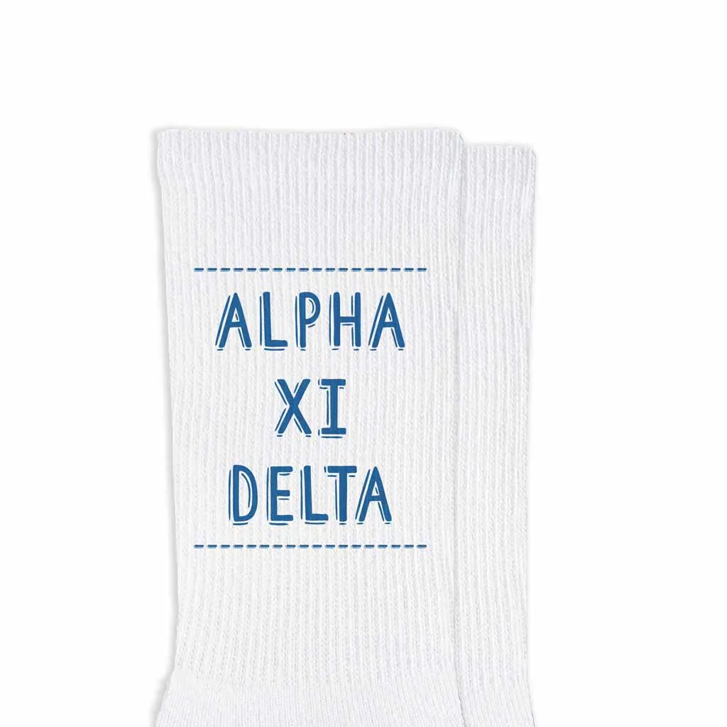 Alpha Xi Delta Crew Socks with Alpha Xi Delta Name in Sorority Colors