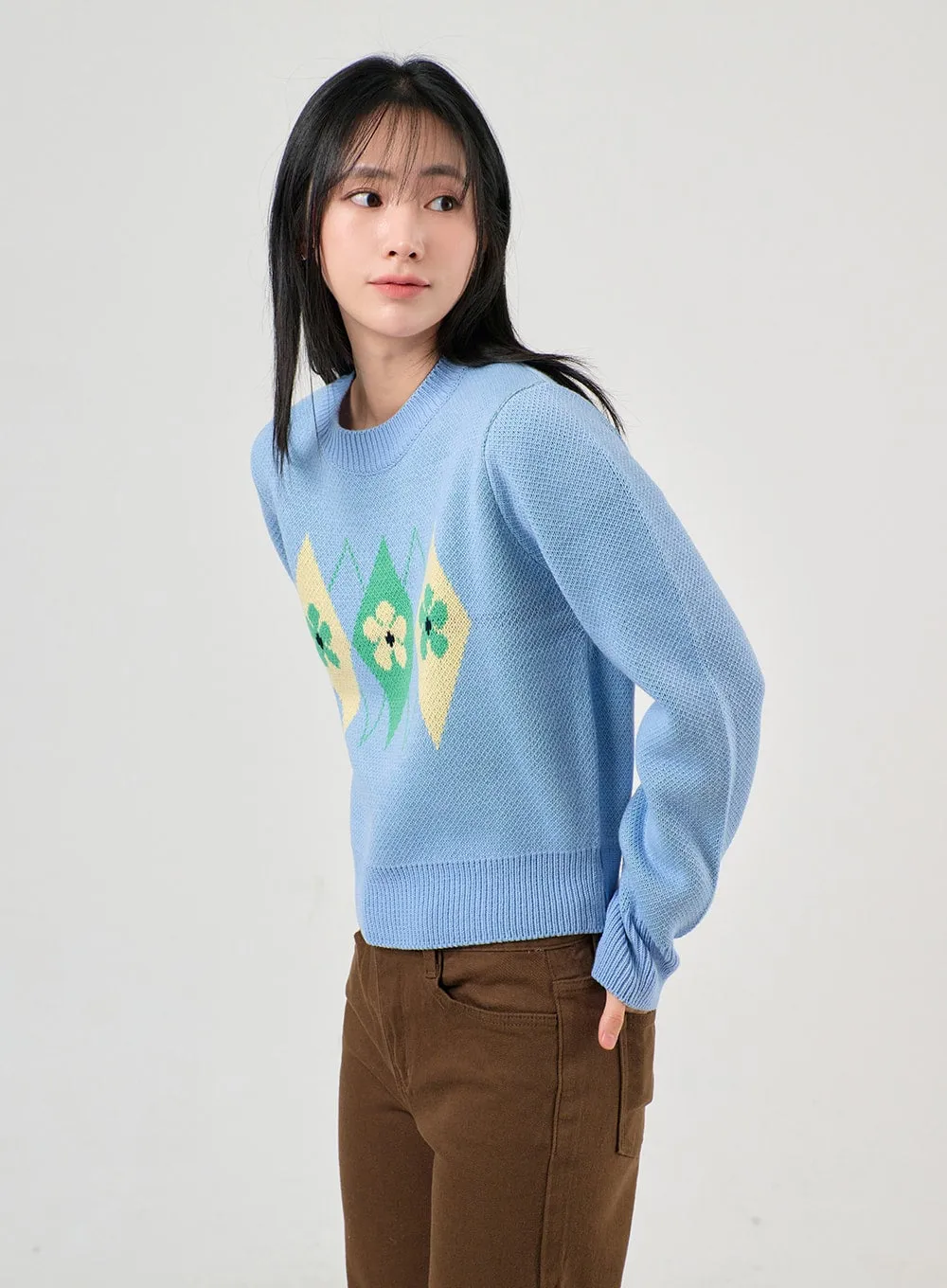 Argyle Pattern Crew Neck Sweater OF405