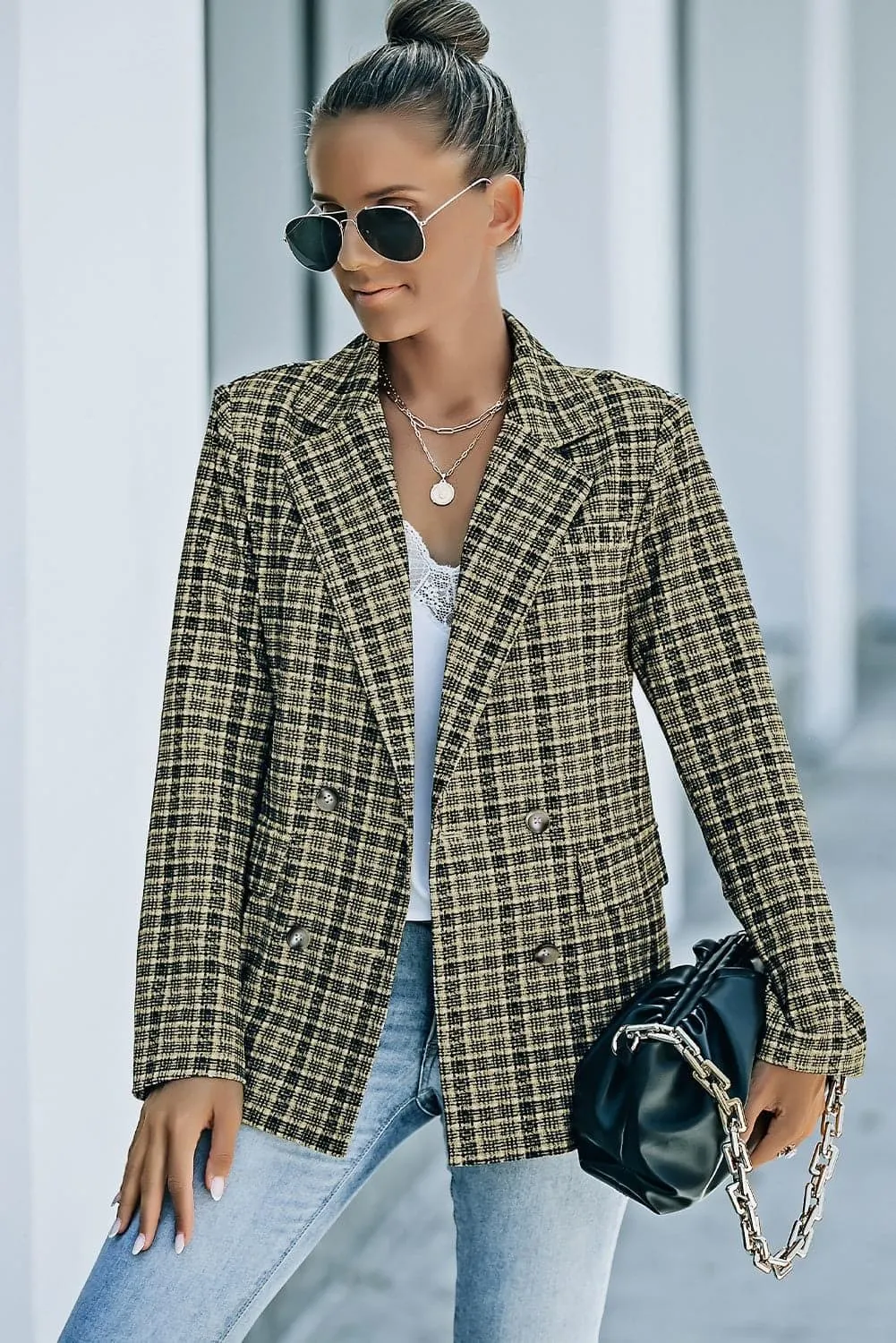 Ava Plaid Double-Breasted Long Sleeve Blazer