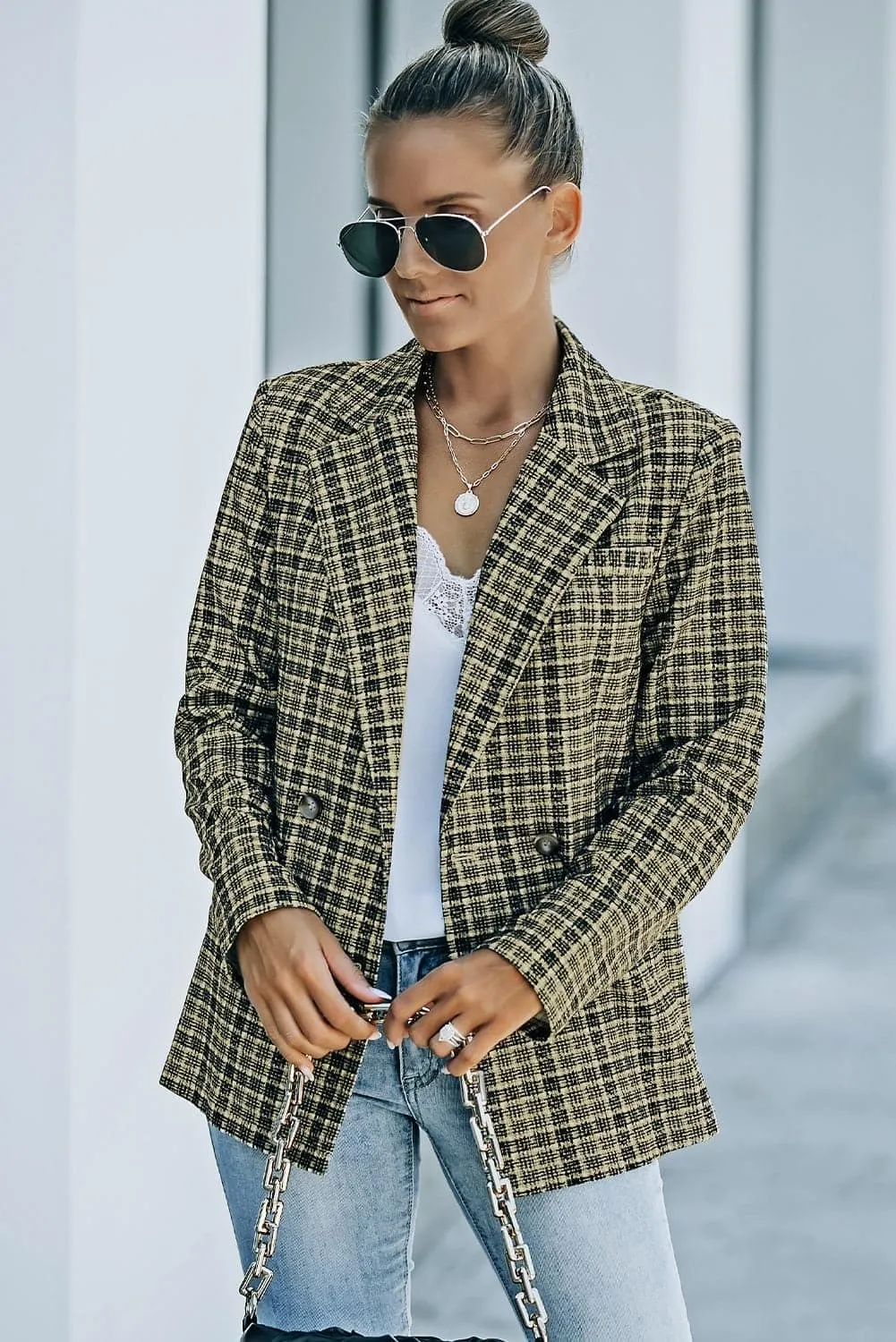 Ava Plaid Double-Breasted Long Sleeve Blazer