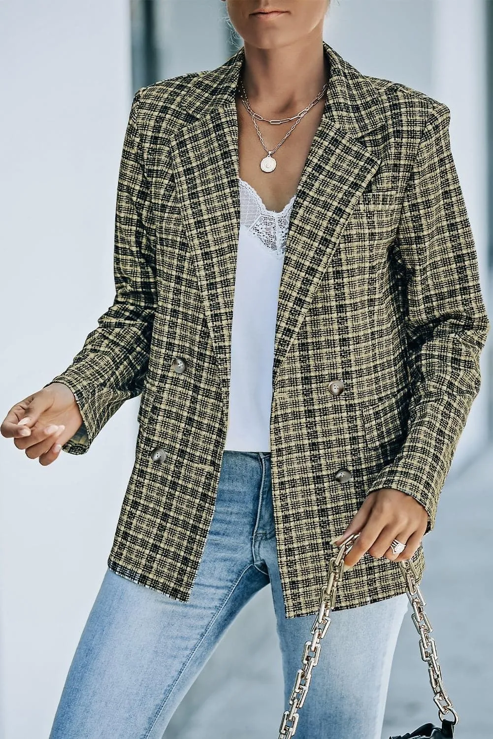 Ava Plaid Double-Breasted Long Sleeve Blazer