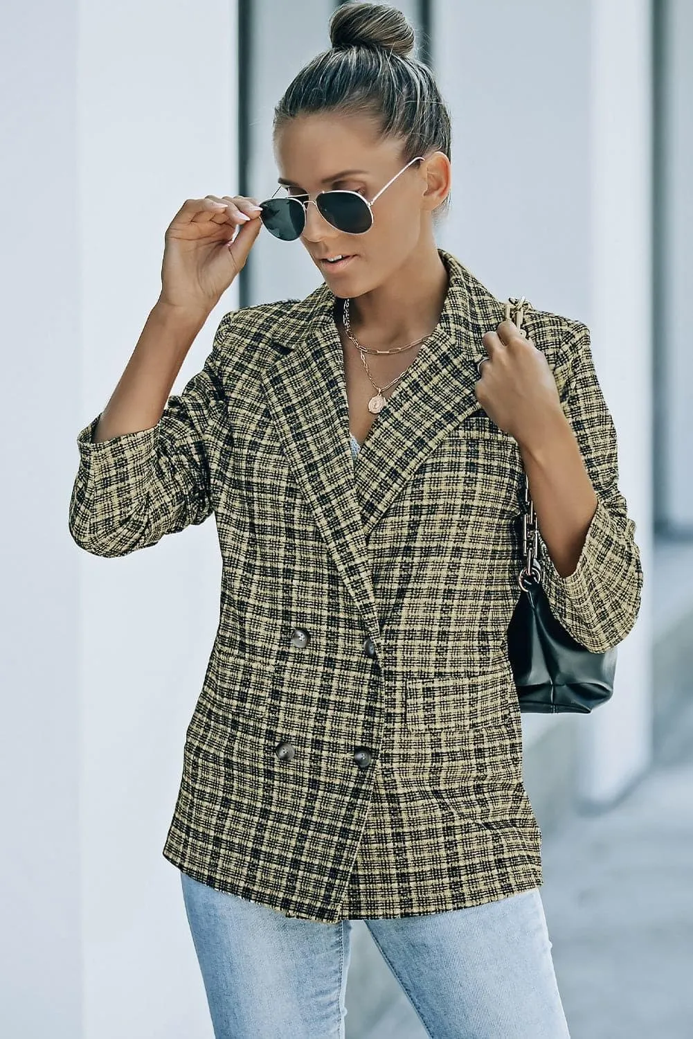 Ava Plaid Double-Breasted Long Sleeve Blazer