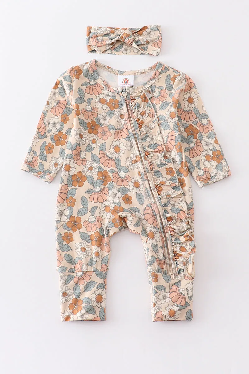 Beige floral print 2pc ruffle romper