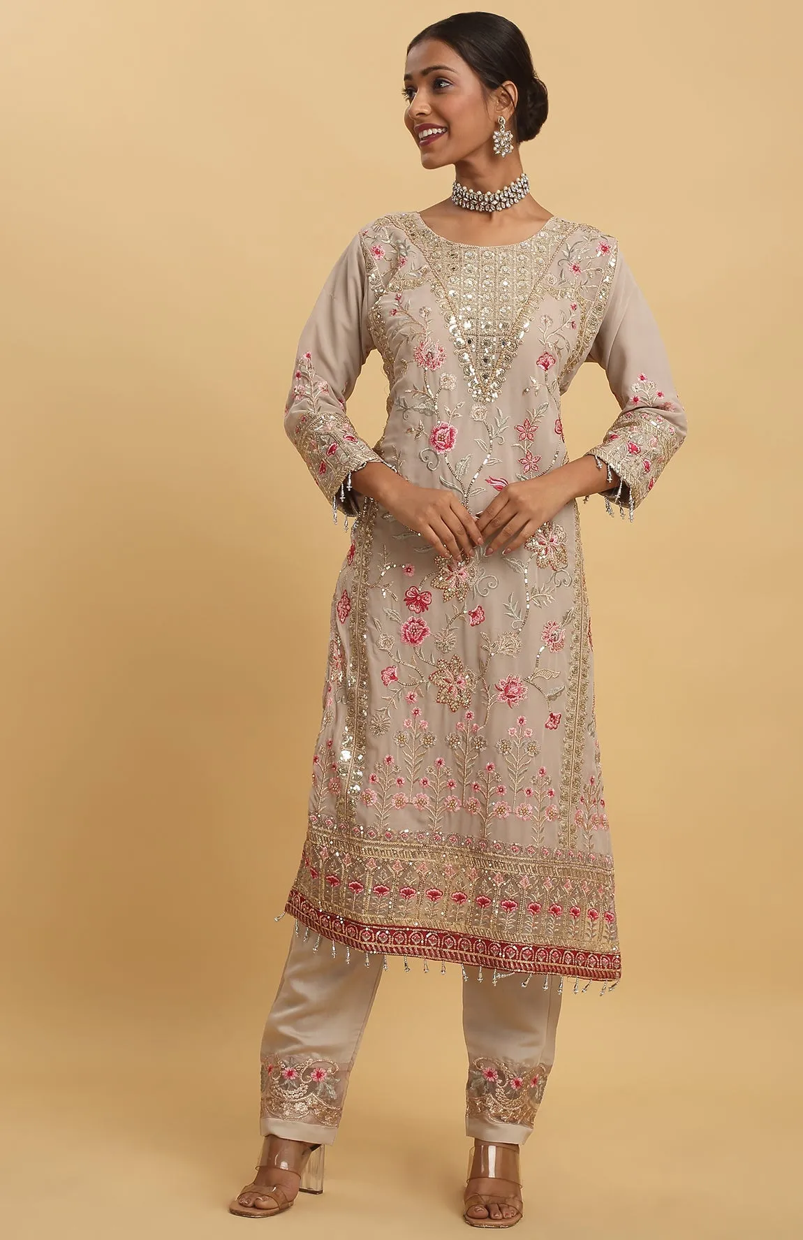 Beige Georgette Embroidered Floral Round Work Kurta Pant Set - Rent