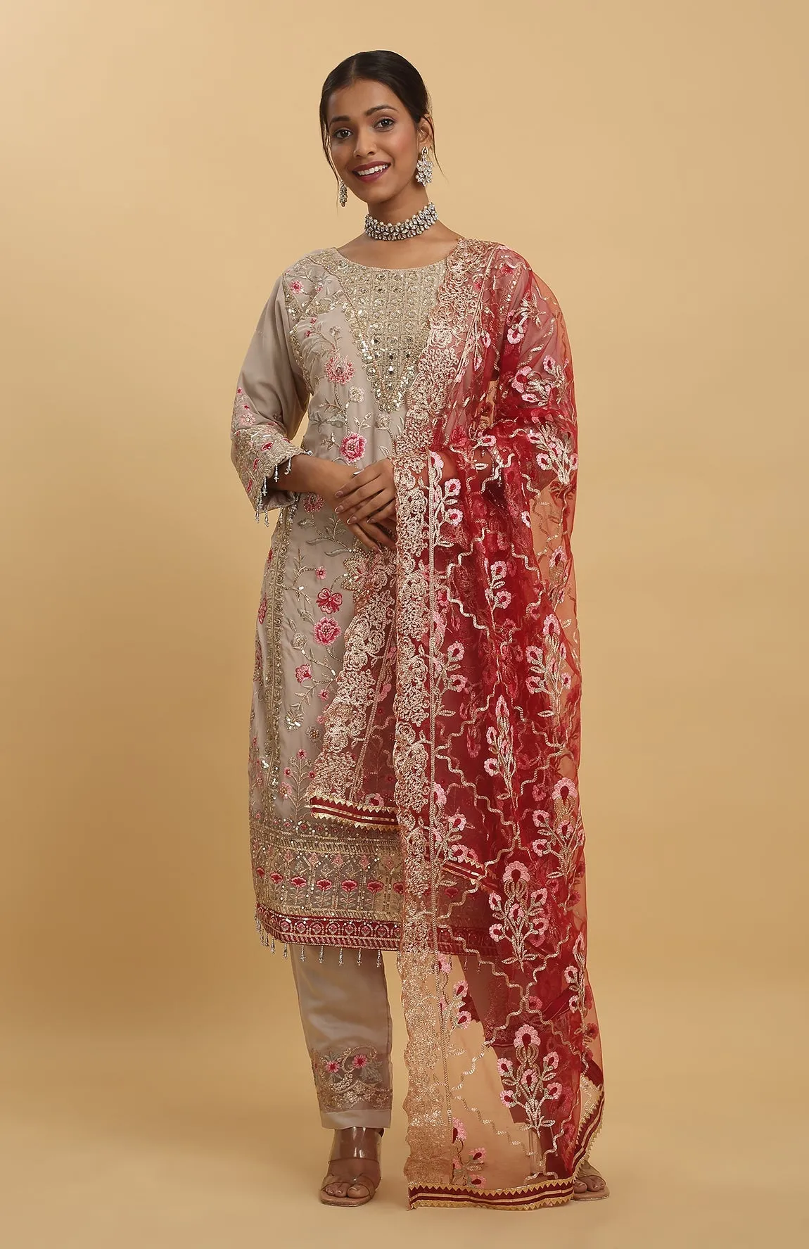 Beige Georgette Embroidered Floral Round Work Kurta Pant Set - Rent