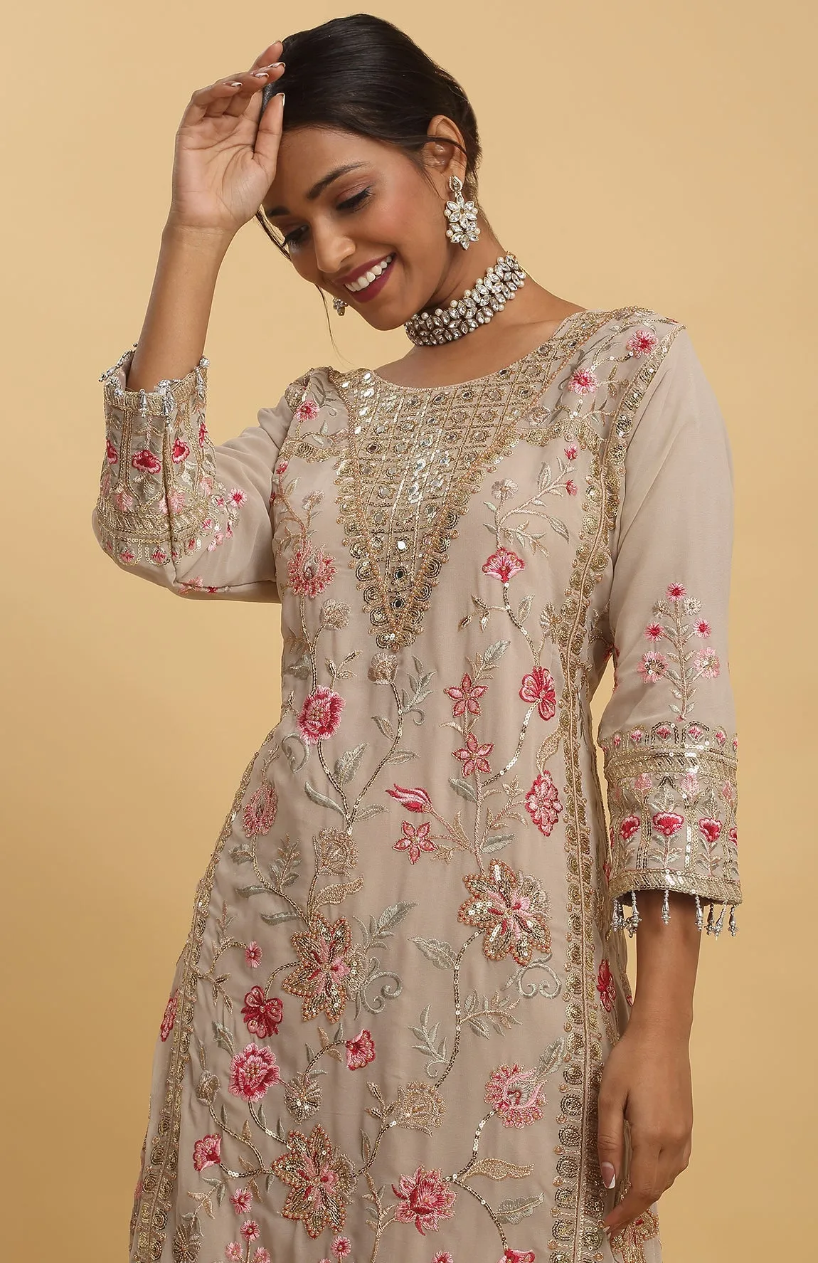 Beige Georgette Embroidered Floral Round Work Kurta Pant Set - Rent