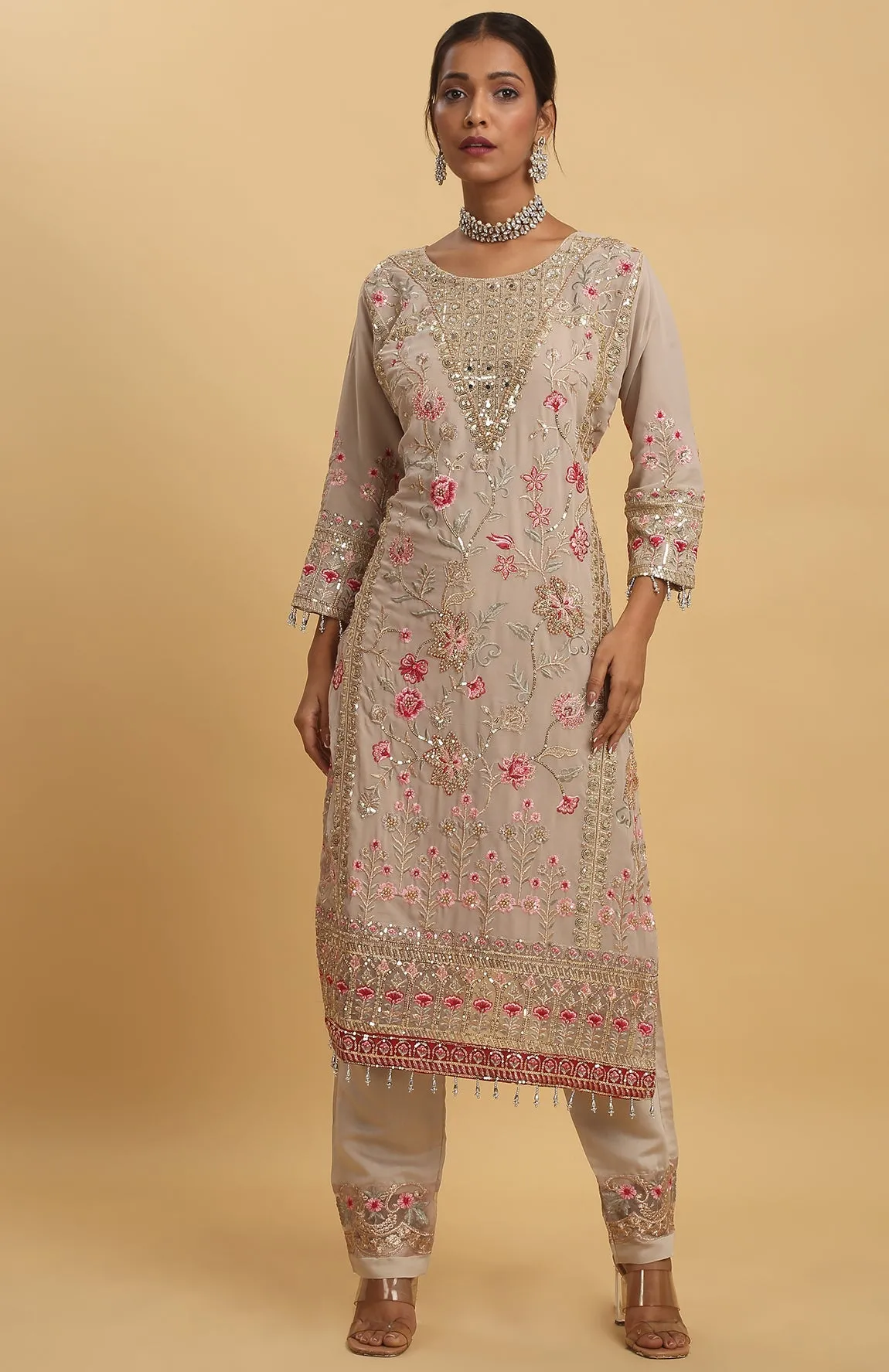 Beige Georgette Embroidered Floral Round Work Kurta Pant Set - Rent