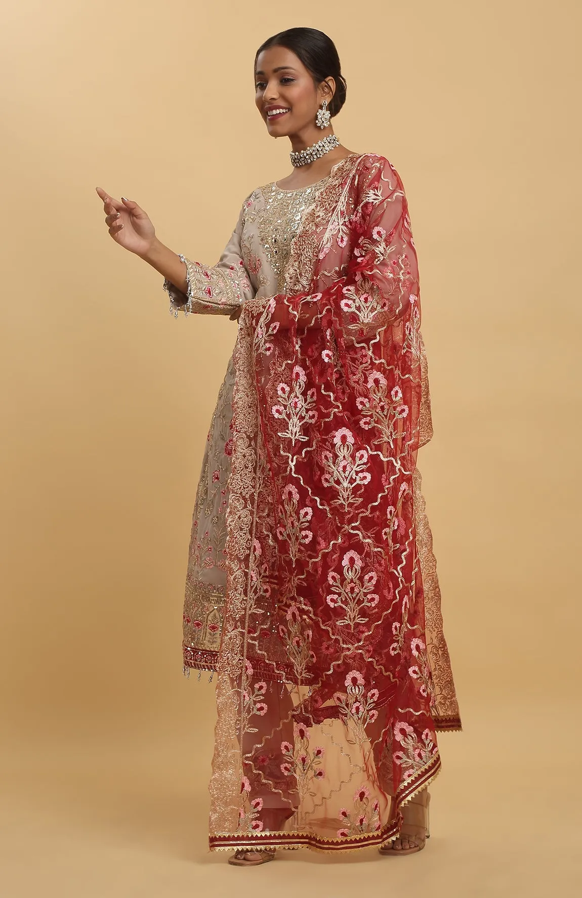 Beige Georgette Embroidered Floral Round Work Kurta Pant Set - Rent