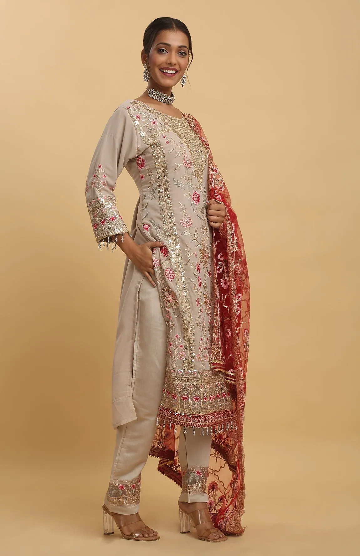 Beige Georgette Embroidered Floral Round Work Kurta Pant Set - Rent